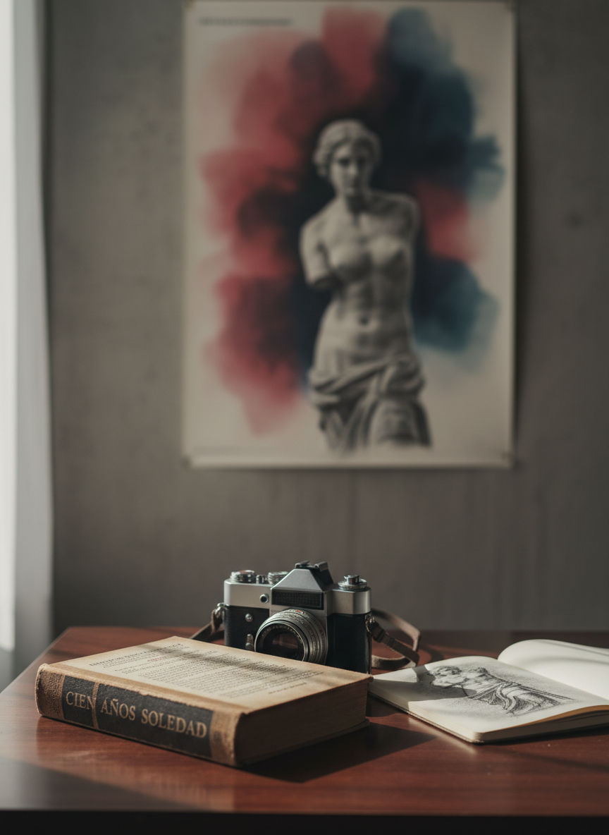 A meticulously arranged still life of cultural humanities objects on a dark walnut desk: a worn Spanish-language hardcover novel half-open with delicately yellowed pages, a black-and-silver vintage film camera, and a slim sketchbook showing a charcoal drawing of a classical sculpture. Behind them, an abstract film poster in muted reds and deep blues hangs on a textured concrete wall. Soft, diffused window light from the left carves subtle highlights along the book’s spine and camera metal, casting long, contemplative shadows. Photographic realism, shot at eye level with a shallow depth of field, keeps the trio in sharp focus while the background melts into a refined bokeh, evoking an intellectual, sophisticated editorial mood for a cultural magazine homepage.