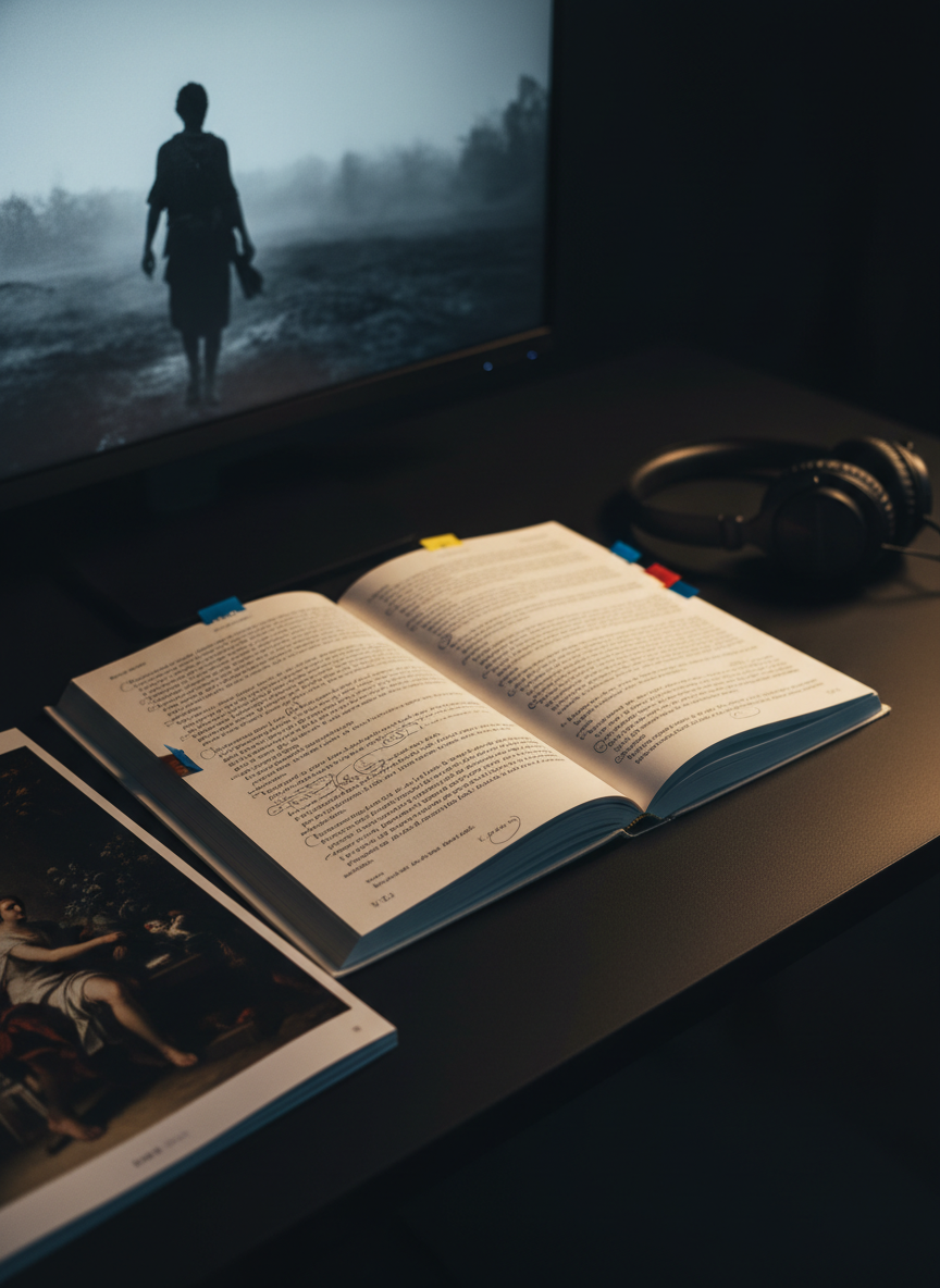 A cinematic workspace scene centered on an open script in Spanish, its pages neatly annotated with colored tabs and precise pencil markings, resting on a matte black desk. Beside it lies a glossy art catalogue opened to a full-page painting reproduction, and a pair of sleek, over-ear headphones folded carefully. In the background, a large monitor shows an out-of-focus black-and-white film still. Cool, controlled studio lighting from above and warm accent light from the right create a nuanced interplay of shadows and subtle highlights on the paper texture and glossy pages. Photographic realism, shot from a close, three-quarter angle, with shallow depth of field to emphasize the script and book, conveying a sophisticated, introspective mood of cross-disciplinary analysis between literature, art, and cinema.