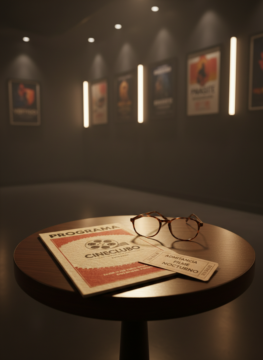 A moody corner of an art-house cinema lobby interpreted without people: a small round table in dark wood holds a folded Spanish-language program booklet, an elegant pair of tortoiseshell reading glasses, and a single ticket stub placed with deliberate precision. In the softly blurred background, framed posters of classic and contemporary films line a deep charcoal wall, illuminated by narrow beams from recessed ceiling lights. The scene is bathed in low, warm artificial lighting that pools around the table, leaving the surroundings in gentle shadow. Photographic realism, shot from table height with a shallow depth of field, emphasizing the program’s textured cover and paper fibers, evoking an intimate, sophisticated atmosphere of cinephile culture.