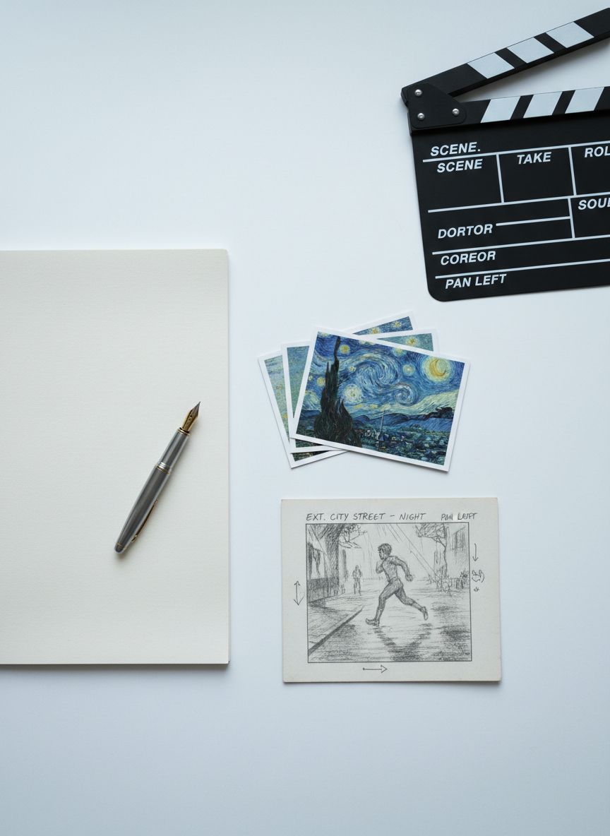An abstract cultural humanities composition: a large, clean white table scattered with carefully arranged objects symbolizing literature, art, and cinema. There is a fountain pen resting diagonally across a blank cream page, a small stack of minimalist art postcards featuring blurred reproductions of iconic paintings, and a graphite-sketched storyboard panel for an imaginary film. A sleek black clapperboard lies slightly out of focus toward the back, hinting at cinematic structure. Cool, diffused overcast light from above ensures soft, shadowless illumination, emphasizing textures and subtle tonal differences. Photographic realism with a top-down, bird’s-eye composition, balanced using the rule of thirds, creating a calm, analytical, yet creative mood suitable for a sophisticated cultural review layout.