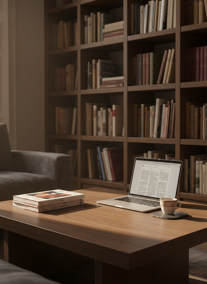 An elegant reading nook designed for a cultural magazine editor: a low, dark oak table supporting a small, carefully stacked pile of Spanish literary journals, a slim silver laptop displaying a blurred article layout, and a porcelain espresso cup on a black stone coaster. In the background, tall bookshelves filled with art monographs and cinema theory volumes rise toward the ceiling, their spines in earthy tones of burgundy, indigo, and ochre. Late-afternoon natural light streams through an unseen window, creating gentle contrast and soft reflections on the laptop surface. Photographic realism, shot from a slightly elevated angle using the rule of thirds, with a calm, reflective atmosphere hinting at thoughtful criticism and sophisticated cultural analysis.
