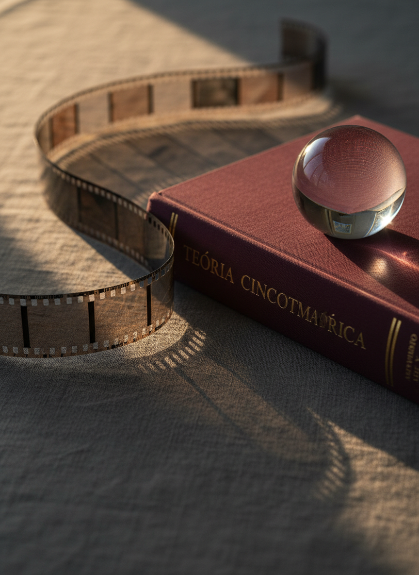A refined still life evoking film criticism: a strip of 35mm film unspooled in a gentle curve across a dark linen surface, its perforations crisply defined, next to a heavy, clothbound book of film theory in Spanish with embossed gold lettering on the spine. A translucent glass paperweight rests partly on the book, subtly magnifying a fragment of text. The scene is lit by soft golden hour light from the side, which passes through the film frames, projecting faint, abstract patterns onto the fabric below. Photographic realism, captured from a low, intimate angle with selective focus on the meeting point of film and book, creating a contemplative, sophisticated atmosphere ideal for an essay on cinema as art.